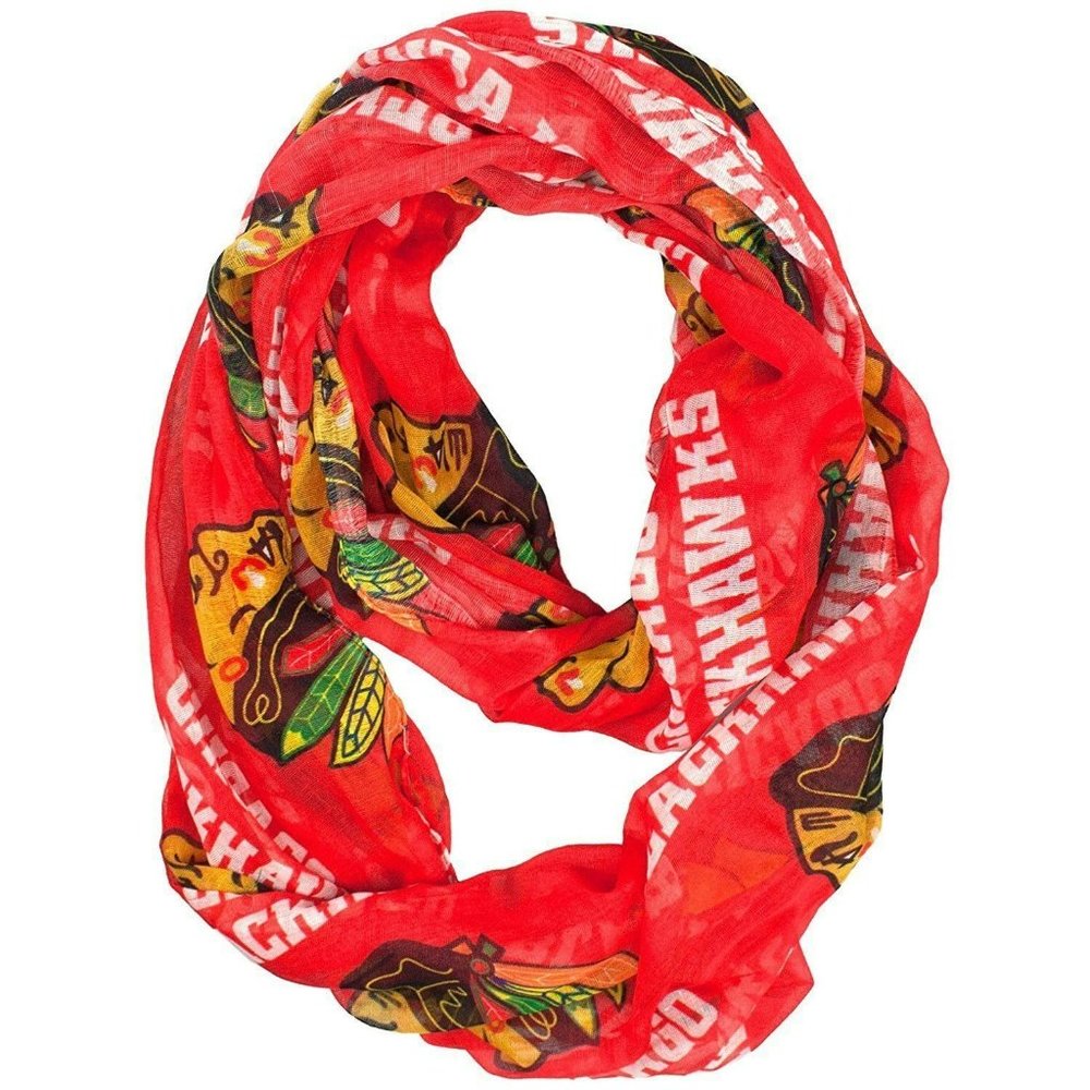 CHICAGO BLACKHAWKS INFINITY SCARF SHEER WITH MULTI TEAM LOGOS NHL TEAM NWT